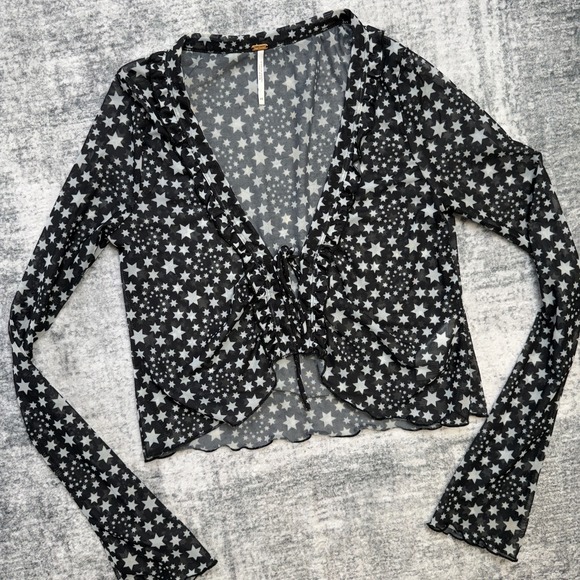 Free People Tops - Free People Top Womens XS Black Stars Marne Cropped Sheer Mesh Celestial Whimsy